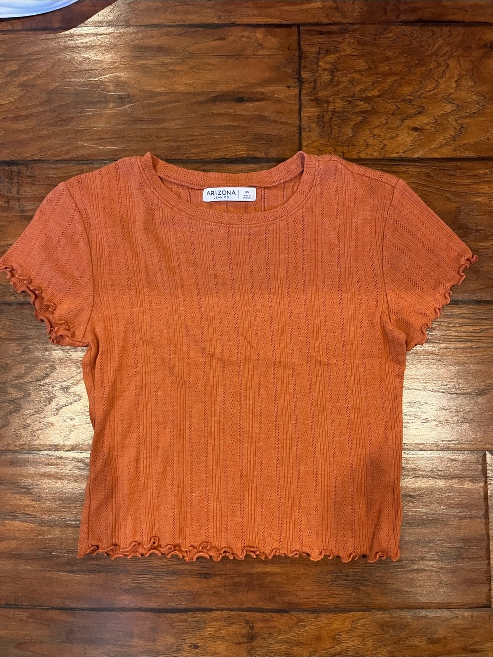 Arizona Jean Company Orange Ribbed Lettuce-Edge Crop Tee